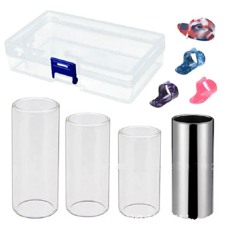 Bộ 4 trong 1 gồm thanh trượt Plexiglass + thanh trượt thép không gỉ + móng tay guitar Celluloid + hộp nhựa, thanh trượt Plexiglass