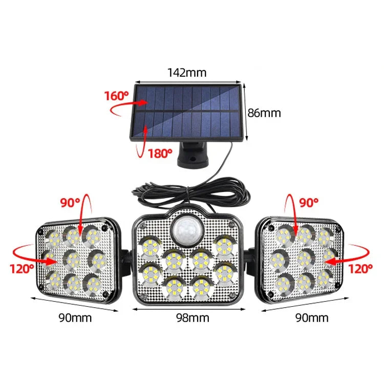 TG-TY075 Đèn tường ngoài trời năng lượng mặt trời 3 đầu có thể xoay cảm biến cơ thể, kiểu:, 138 LED tách rời, 108 LED tách rời, 171 COB tách rời, 122 LED tách rời