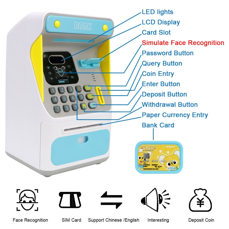 Heo đất máy ATM nhận diện khuôn mặt giả 8010, két tiền tự động cuộn mật khẩu, kiểu dáng:, hồng, xanh dương, phiên bản sạc hồng, phiên bản sạc xanh dương