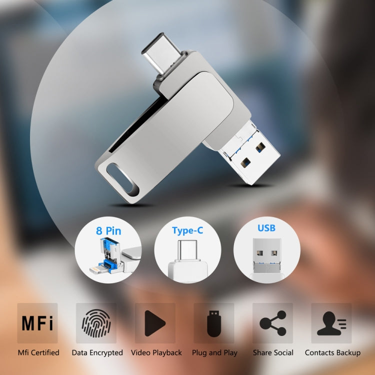 USB 3.0 + 8 Pin + USB-C / Type-C 3 trong 1 Ổ đĩa kim loại xoay cho điện thoại máy tính, 32GB, 16GB, 64GB