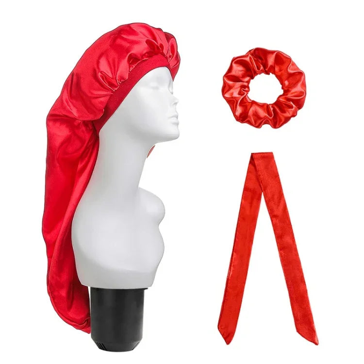 Bộ 3 cái mũ chăm sóc tóc dài + khăn turban + vòng tóc, đỏ, xanh dương, tím, đen, trắng, cam, đỏ hồng, bạc, champagne, xanh hồ