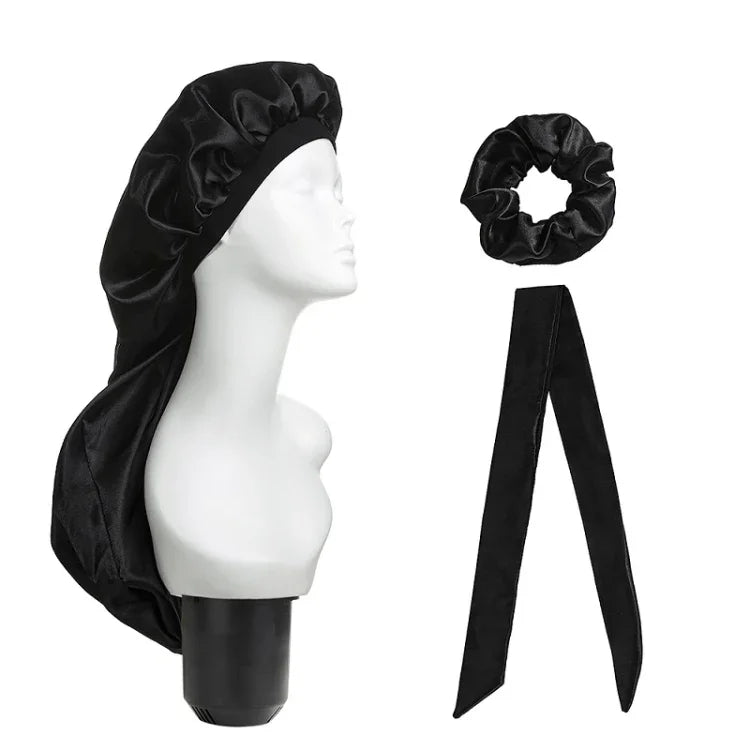 Bộ 3 cái mũ chăm sóc tóc dài + khăn turban + vòng tóc, đỏ, xanh dương, tím, đen, trắng, cam, đỏ hồng, bạc, champagne, xanh hồ