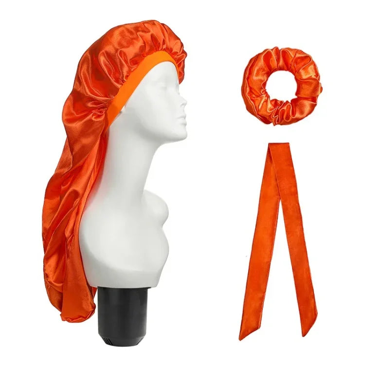 Bộ 3 cái mũ chăm sóc tóc dài + khăn turban + vòng tóc, đỏ, xanh dương, tím, đen, trắng, cam, đỏ hồng, bạc, champagne, xanh hồ