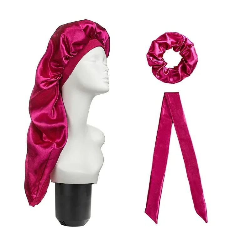 Bộ 3 cái mũ chăm sóc tóc dài + khăn turban + vòng tóc, đỏ, xanh dương, tím, đen, trắng, cam, đỏ hồng, bạc, champagne, xanh hồ