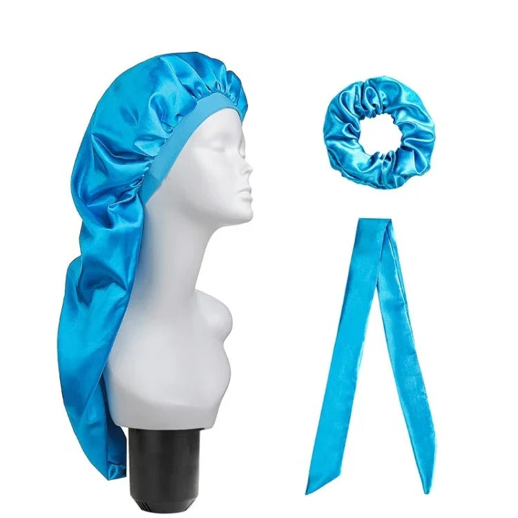 Bộ 3 cái mũ chăm sóc tóc dài + khăn turban + vòng tóc, đỏ, xanh dương, tím, đen, trắng, cam, đỏ hồng, bạc, champagne, xanh hồ