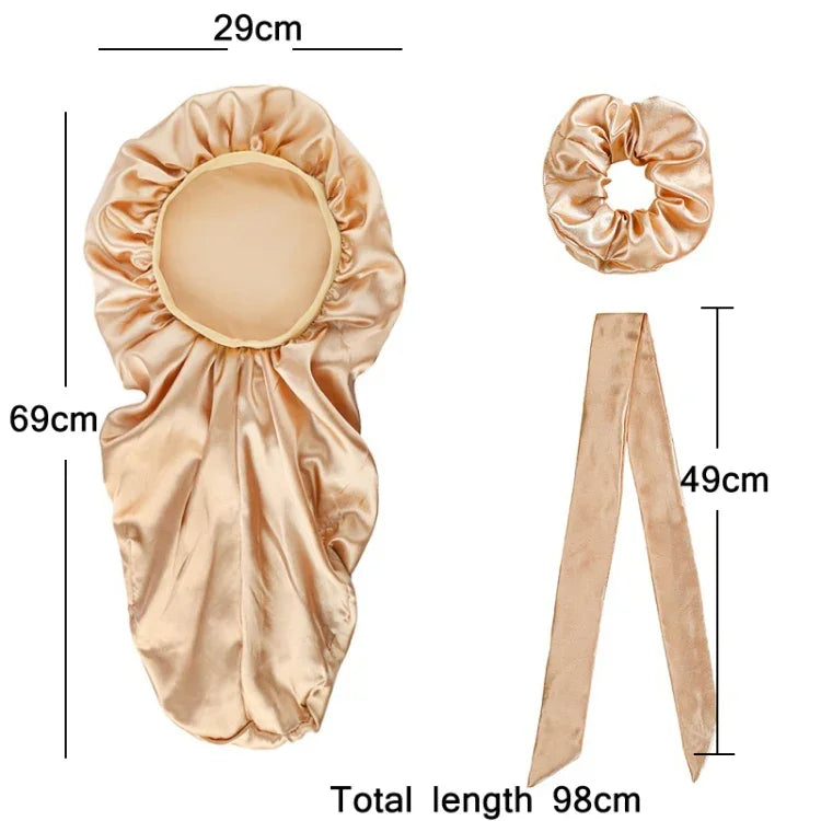 Bộ 3 cái mũ chăm sóc tóc dài + khăn turban + vòng tóc, đỏ, xanh dương, tím, đen, trắng, cam, đỏ hồng, bạc, champagne, xanh hồ