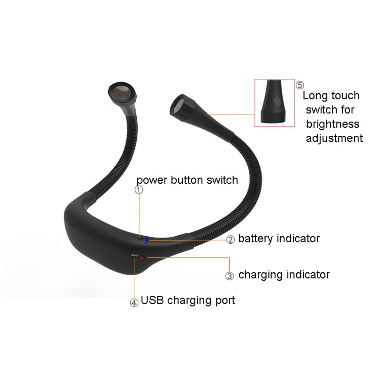 Đèn treo cổ bảo vệ mắt sinh viên, đèn đọc LED sạc USB, đèn sách, màu trắng, đen
