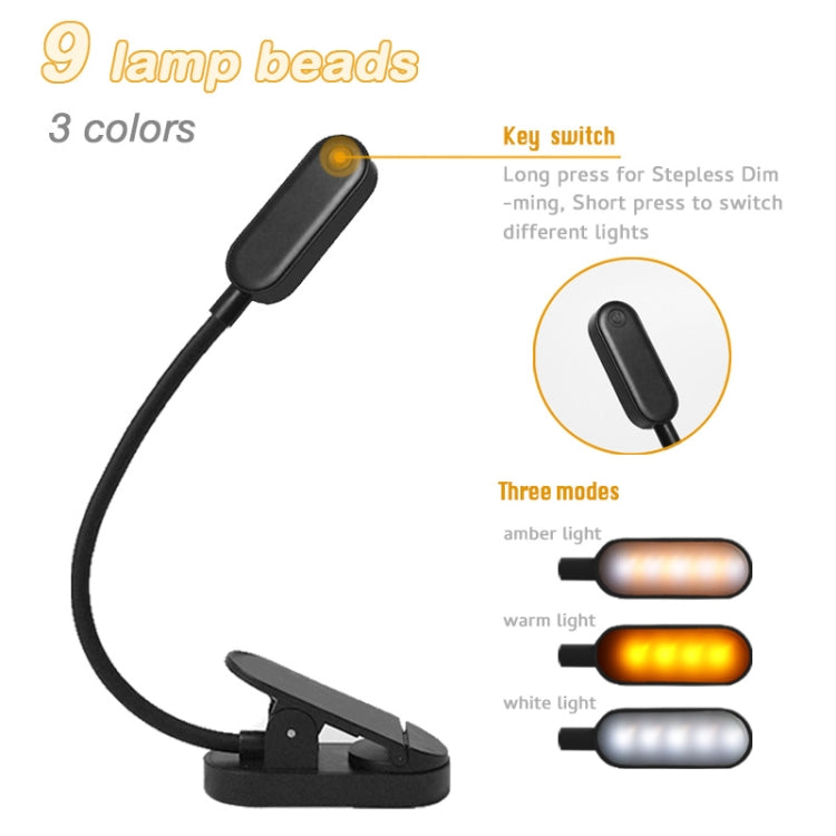 Đèn kẹp bàn mini 9 LED sạc USB, đèn đọc bảo vệ mắt cho sinh viên, màu xanh dương và trắng, đen