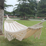 200x150cm Double Outdoor Camping Tassel Canvas Hammock with Stick, Colorful Stripes, Pink Stripes, White