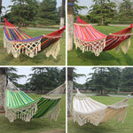200x150cm Double Outdoor Camping Tassel Canvas Hammock with Stick, Colorful Stripes, Pink Stripes, White