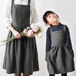 Tạp dề vẽ tranh bố mẹ con bằng vải cotton và lanh, dùng làm đồ làm bánh và cà phê, kích thước:, trẻ em (Xám), trẻ em (Yến mạch), người lớn (Xám), người lớn (Yến mạch), người lớn (Hồng)