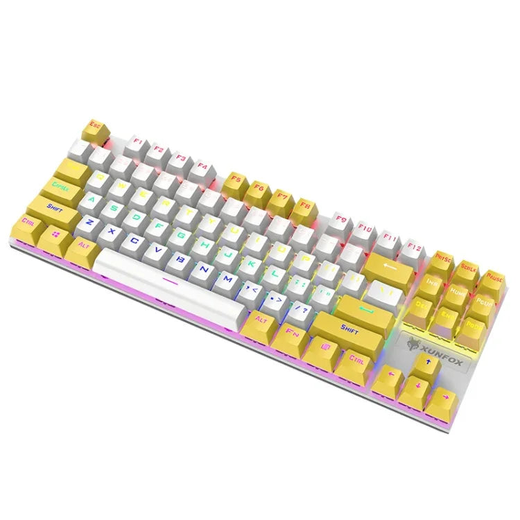 Bàn phím cơ chơi game có dây XUNFOX K80 87 phím phát sáng, Dài cáp: 1,5m, Trắng vàng, Đen xám, Hồng trắng, Xanh trắng, Trắng xanh, Vàng trắng, Xám đen