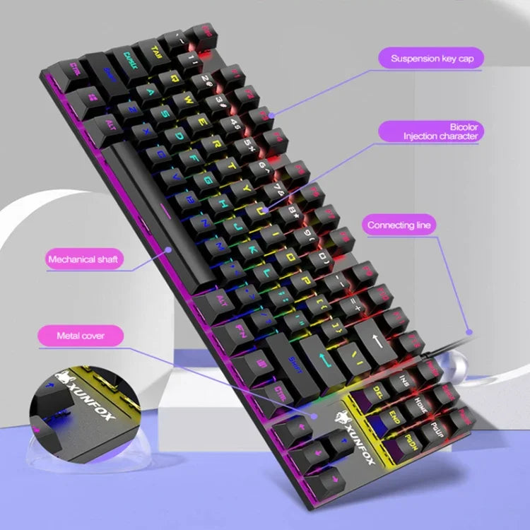 Bàn phím cơ chơi game có dây XUNFOX K80 87 phím phát sáng, Dài cáp: 1,5m, Trắng vàng, Đen xám, Hồng trắng, Xanh trắng, Trắng xanh, Vàng trắng, Xám đen
