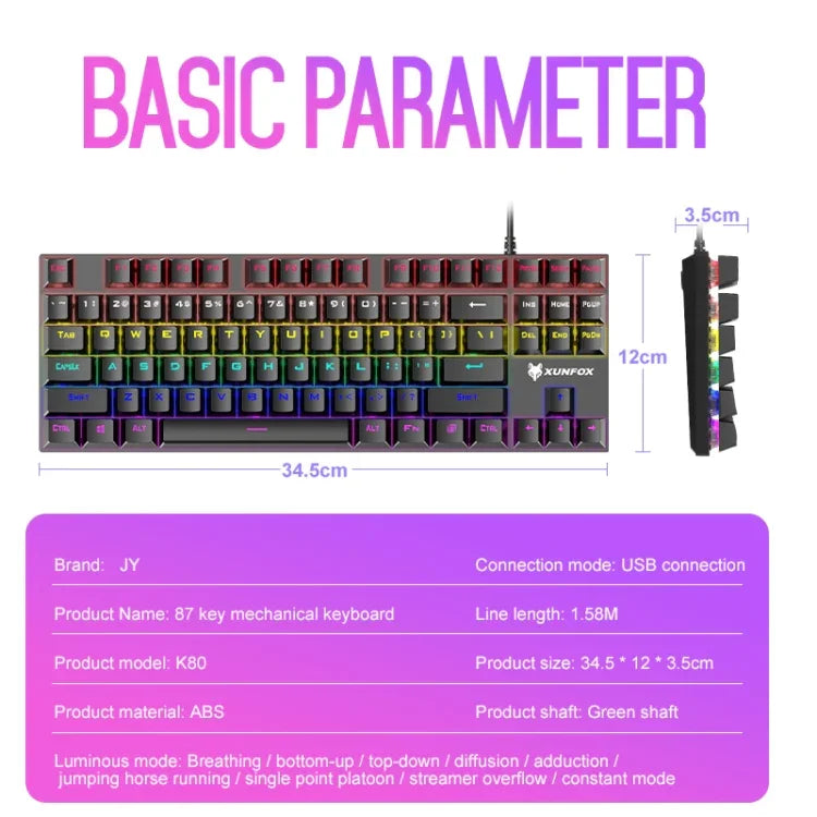 Bàn phím cơ chơi game có dây XUNFOX K80 87 phím phát sáng, Dài cáp: 1,5m, Trắng vàng, Đen xám, Hồng trắng, Xanh trắng, Trắng xanh, Vàng trắng, Xám đen