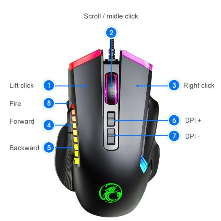 Chuột Chơi Game Có Dây IMICE T70 8 Nút 7200DPI Đèn RGB Có Thể Lập Trình, Chiều Dài Cáp: 1.8m, T70