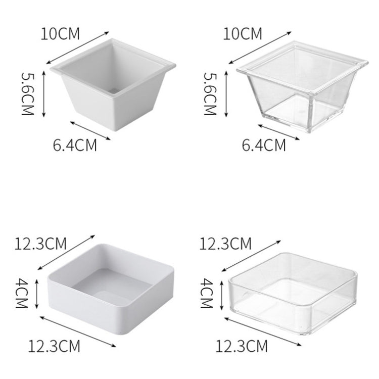 2 cái đĩa ăn vặt hình học, Bộ tứ nhỏ (Trắng), Bộ tứ nhỏ (Trong suốt), Bộ tứ lớn (Trắng), Bộ tứ lớn (Trong suốt), Lục giác (Trong suốt), Tứ giác (Trong suốt), Chữ nhật (Trong suốt)
