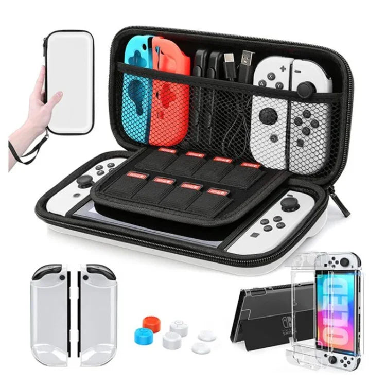 Bộ Vỏ Pha Lê Tay Cầm Điều Khiển Cảm Biến Phim Cường Lực Túi Đựng Cho Máy Switch OLED, Túi Đựng + Vỏ Pha Lê + Nắp Cần Điều Khiển x6 + Phim Cường Lực, Túi Đựng Màu Trắng 14 Trong 1 (Dây Đeo Tay), Túi Đựng Màu Trắng 16 Trong 1