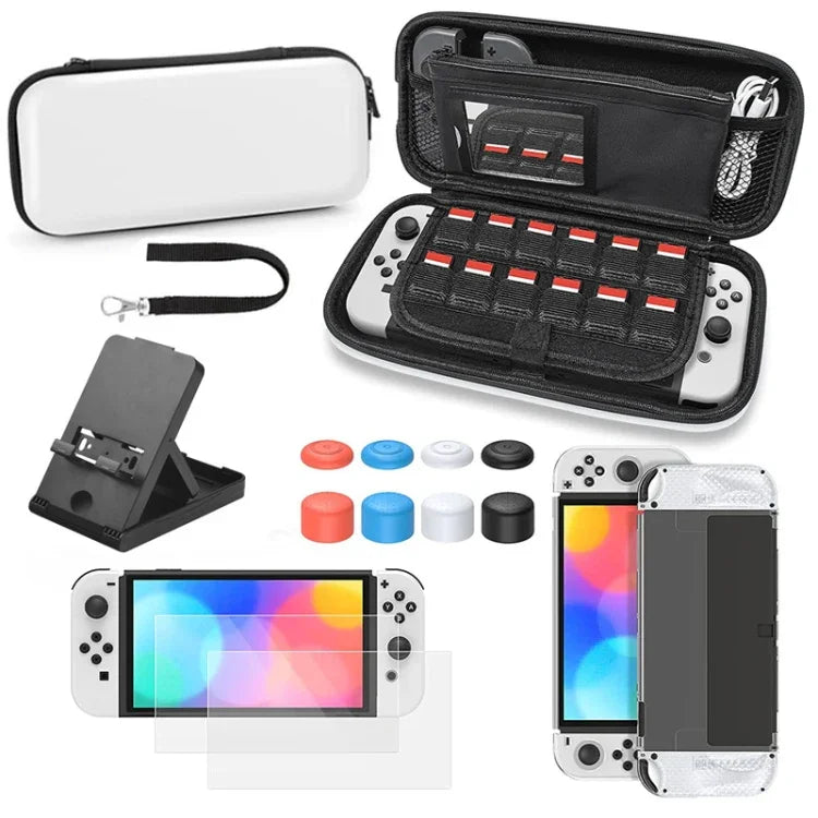 Bộ Vỏ Pha Lê Tay Cầm Điều Khiển Cảm Biến Phim Cường Lực Túi Đựng Cho Máy Switch OLED, Túi Đựng + Vỏ Pha Lê + Nắp Cần Điều Khiển x6 + Phim Cường Lực, Túi Đựng Màu Trắng 14 Trong 1 (Dây Đeo Tay), Túi Đựng Màu Trắng 16 Trong 1