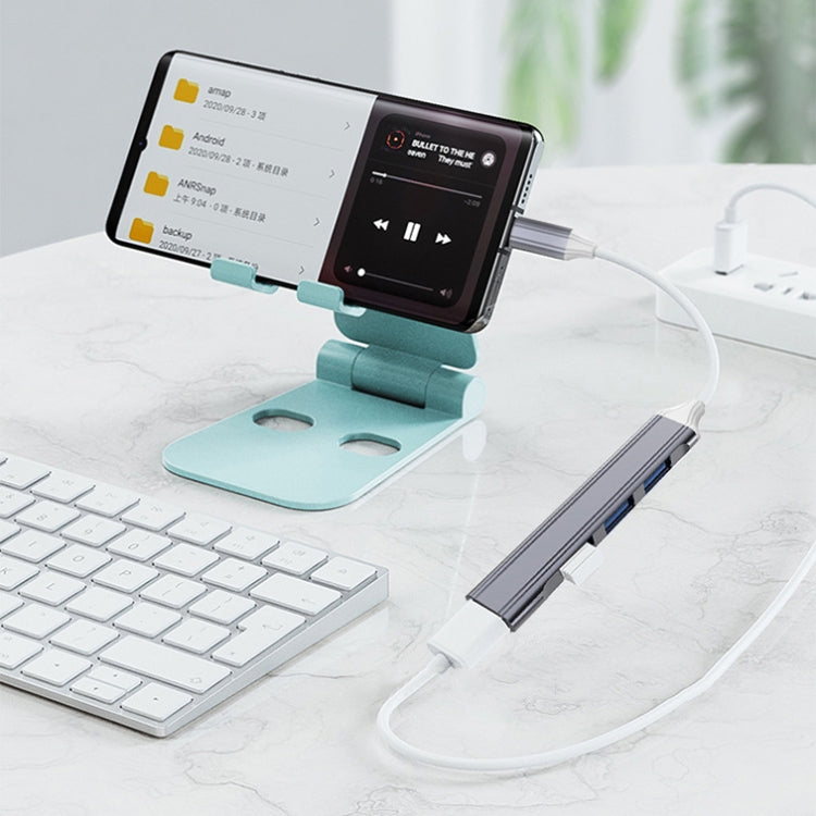 Dock mở rộng mini đa chức năng 4 trong 1, thông số: Type-C/USB-C 3.0 (màu bạc), Type-C/USB-C 3.0 (màu bạc), Type-C/USB-C 3.0 (màu xám), Type-C/USB-C 3.0 (màu hồng), USB 3.0 (màu bạc), USB 3.0 (màu xám), USB 3.0 (màu hồng)