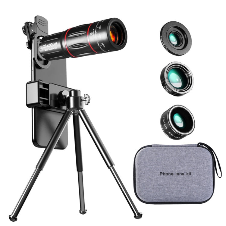 Ống kính kính viễn vọng đa năng cho điện thoại di động 28X + Góc rộng 0.6X + Macro 20X + Ống kính mắt cá 198 độ, Bộ kết hợp đa năng
