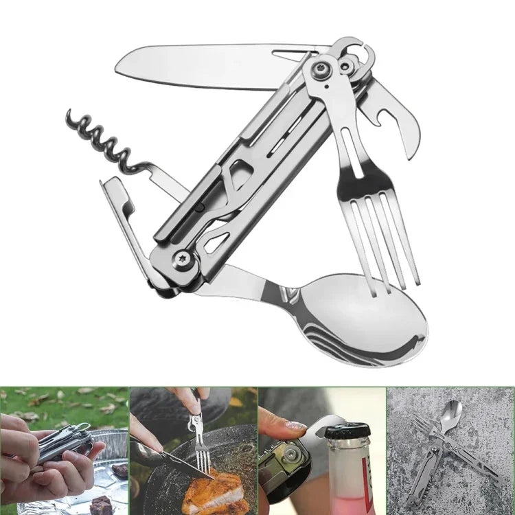 Bộ dụng cụ ăn uống gấp 6 trong 1 (nĩa/dao/thìa/mở chai) cho cắm trại và sinh tồn