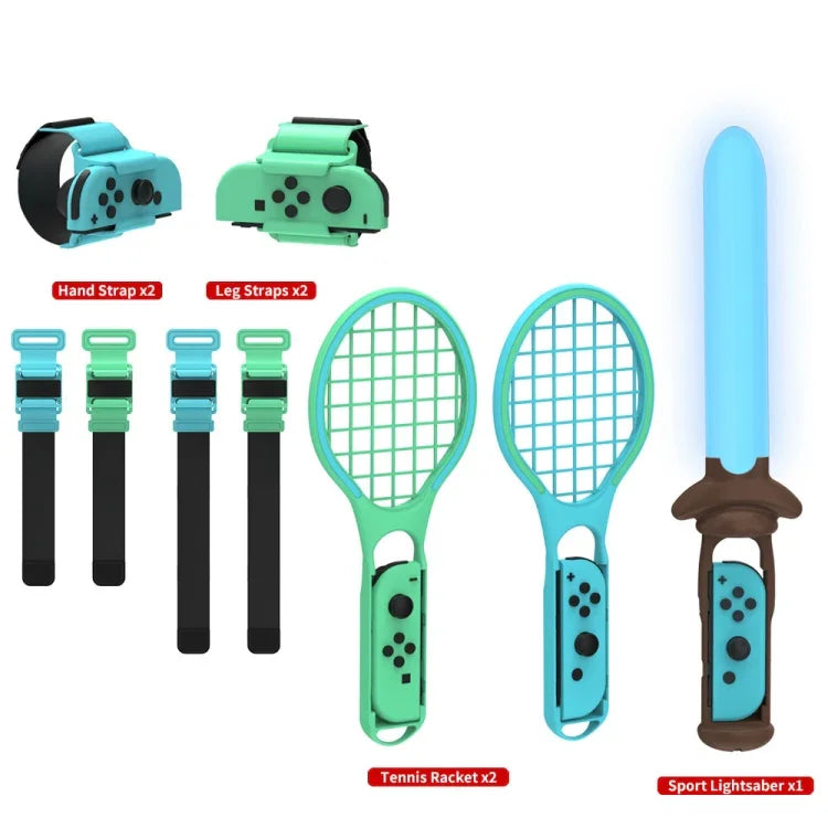 Bộ Thể Thao 7 Trong 1 DOBE TNS-2123 Gồm Đèn Kiếm Thể Thao + Dây Đeo Chân + Vợt Tennis + Dây Đeo Cổ Tay Cho Nintendo Switch, DOBE 7 Trong 1
