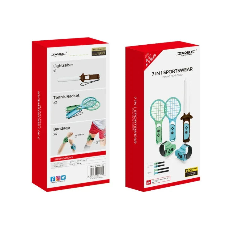 Bộ Thể Thao 7 Trong 1 DOBE TNS-2123 Gồm Đèn Kiếm Thể Thao + Dây Đeo Chân + Vợt Tennis + Dây Đeo Cổ Tay Cho Nintendo Switch, DOBE 7 Trong 1