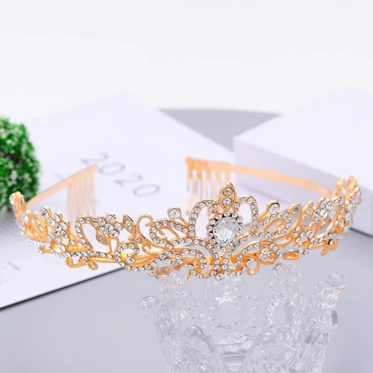 Vương miện tóc tết tiệc cưới kim cương pha lê G2888, Bạc trắng, Bạc, Vàng, Vàng hồng, AB nhiều màu, Trắng+hồng, Hồng, Xanh dương, Vàng hồng không lược, Vàng không lược, Opal nhiều màu, Nhiều màu, Kim cương đỏ tím, Tím nhạt, Xanh nhạt