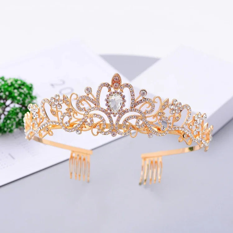 Vương miện tóc tết tiệc cưới kim cương pha lê G2888, Bạc trắng, Bạc, Vàng, Vàng hồng, AB nhiều màu, Trắng+hồng, Hồng, Xanh dương, Vàng hồng không lược, Vàng không lược, Opal nhiều màu, Nhiều màu, Kim cương đỏ tím, Tím nhạt, Xanh nhạt