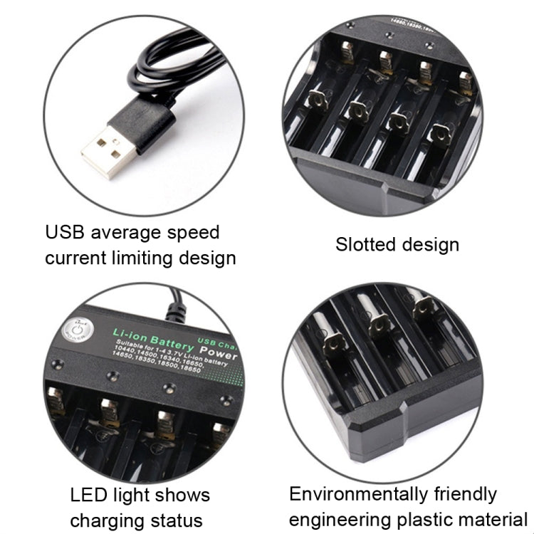 Sạc độc lập 4 khe USB cho pin lithium 18650 4.2V, 4 khe USB (màu đen)