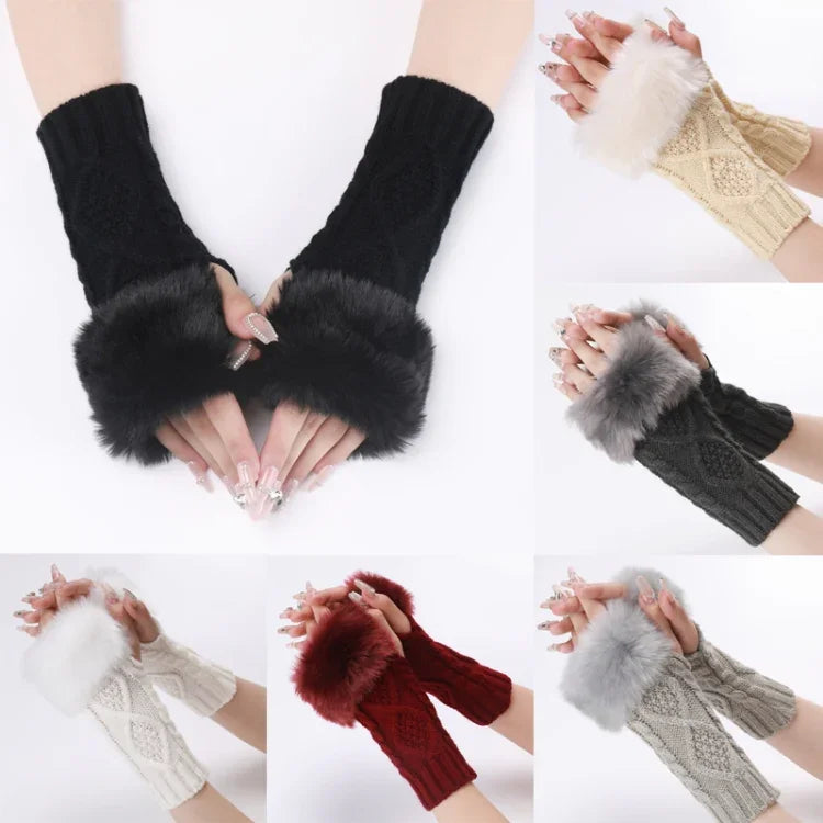 Găng tay lông ngắn cho nữ, dệt kim kim cương, ấm, không ngón, ống tay, màu be, xám đậm, xám nhạt, trắng, đen, đỏ rượu vang, Tây Tạng, cà phê, kaki