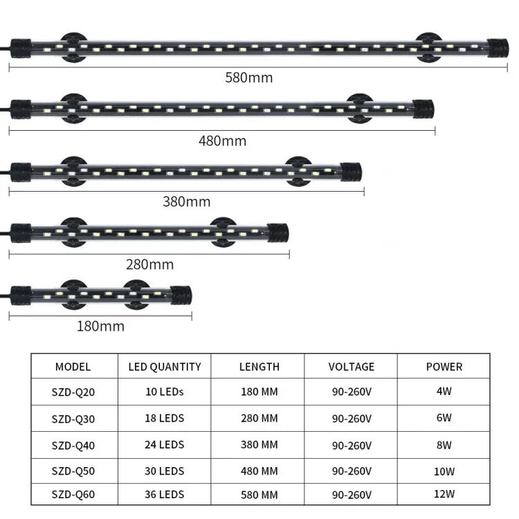 Đèn LED lặn bể cá 90-260V, Q20BW đèn xanh dương + trắng, Q30BW đèn xanh dương + trắng, Q40BW đèn xanh dương + trắng, Q50BW đèn xanh dương + trắng, Q60BW đèn xanh dương + trắng, Q20CF đèn RGB, Q30CF đèn RGB, Q40CF đèn RGB, Q50CF đèn RGB