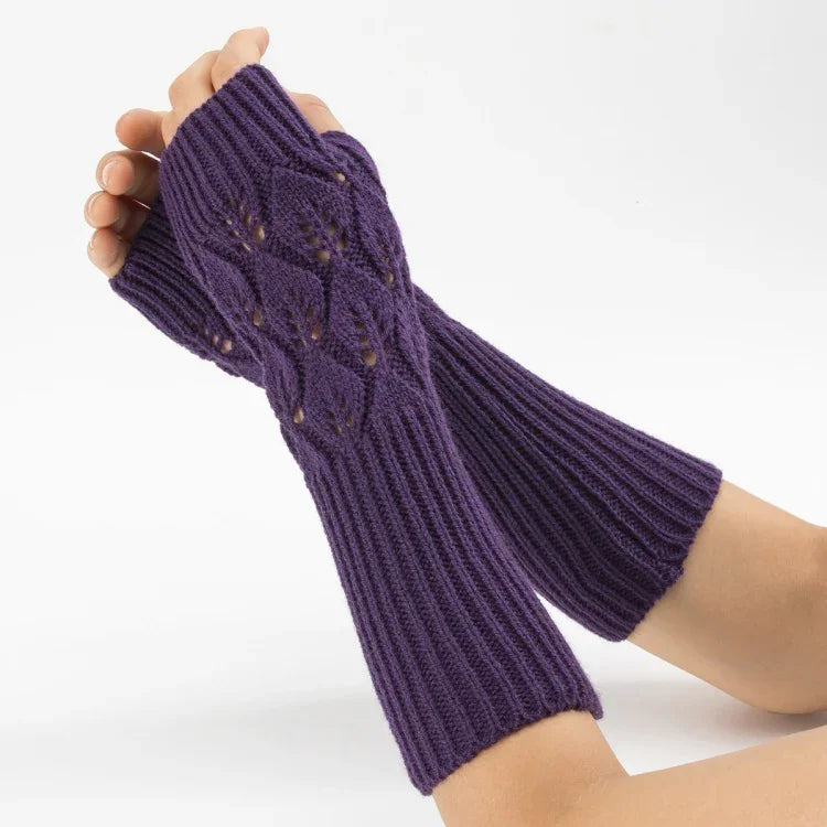 Winter Men and Women Knitted Jacquard Leaves Cycling Warm Fingerless Wool Gloves, Purple, Black, White, Jujube, Shallow Gray, Coffee, Deep Gray