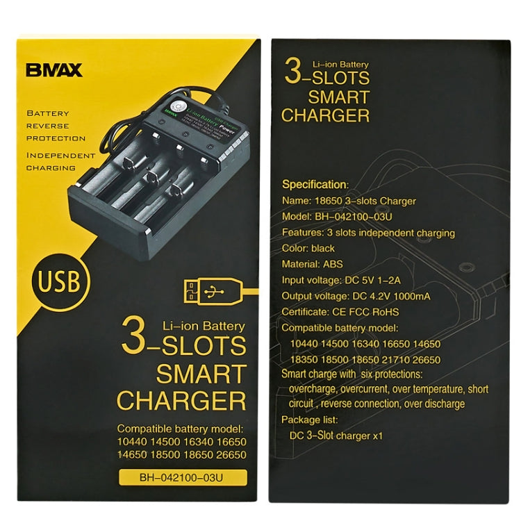 BMAX Đế Sạc USB 3 Khe Pin 18650 3.7/4.2V Sạc Pin Lithium Độc Lập, 3 Khe USB (Màu Đen)