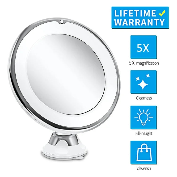 Gương Trang Điểm 12cm Có Đèn LED Chiếu Sáng Phóng Đại 5X Kèm Chân Hút