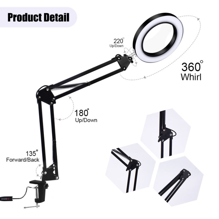 Đèn kẹp LED gập dài có kính lúp 5X bảo vệ mắt, Đèn đọc sách USB, Cỡ trung, Cỡ lớn