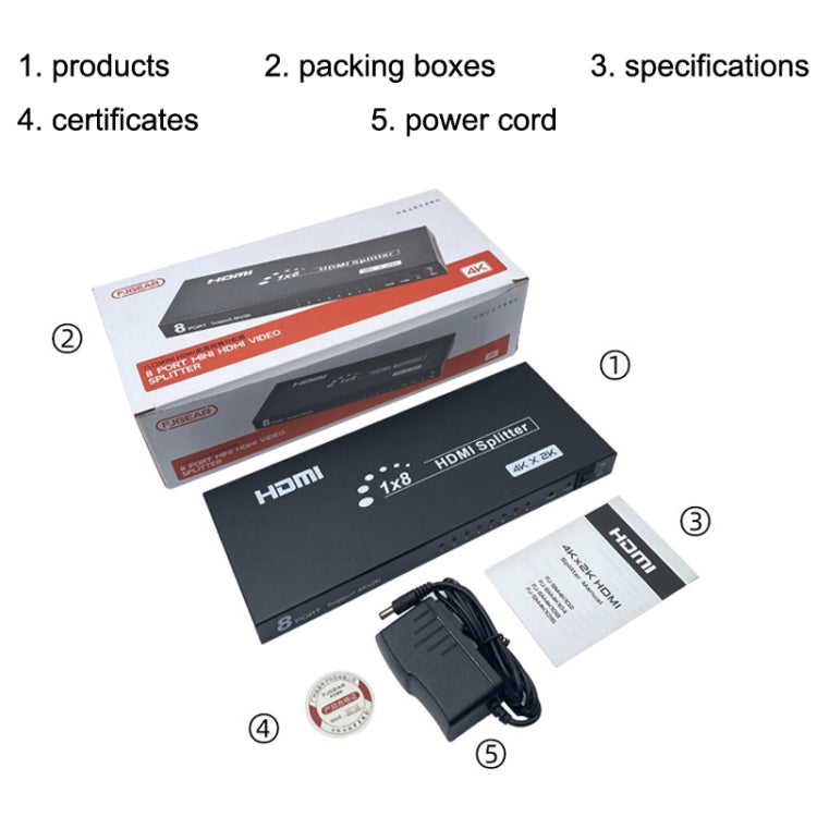 Bộ chia HDMI 8 cổng FJGEAR SM4K108 4K HD âm thanh và video, phích cắm EU, SM4K108