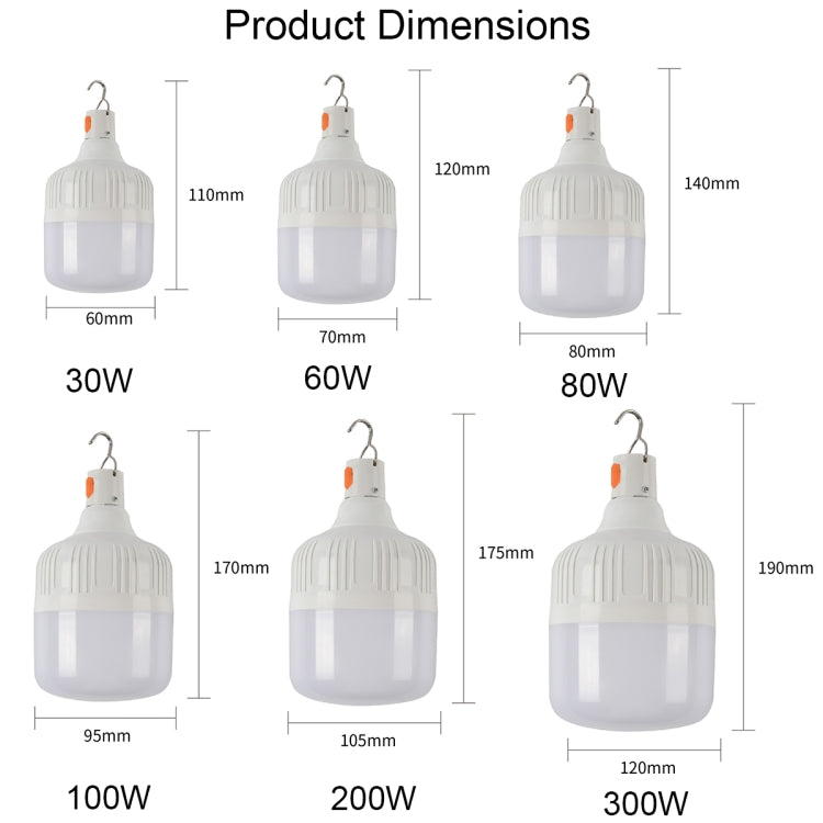 Đèn bóng LED sạc USB AB26 cho quầy chợ đêm, đèn treo cắm trại ngoài trời, công suất:, 30W (trắng), 60W (trắng), 80W (trắng), 100W (trắng), 200W (trắng), 300W (trắng), 80W (cam), 100W (cam), 200W (cam), 300W (cam)