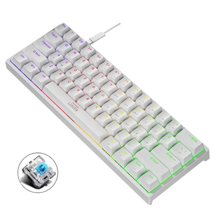 Bàn Phím Cơ Có Dây LEAVEN K620 61 Phím Có Đèn LED, Cắm Nóng, Dài Dây: 1.8m, Trục Xanh Lá Đen, Trục Xanh Lá Trắng, Trục Xanh Lá Xanh Dương, Trục Xanh Lá Hồng, Trục Đỏ Đen Trắng, Trục Xanh Lá Trắng Đen, Trục Xanh Lá Trắng Đen
