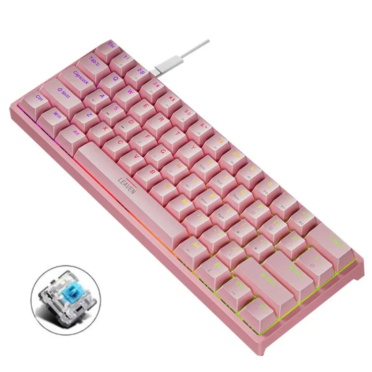 Bàn Phím Cơ Có Dây LEAVEN K620 61 Phím Có Đèn LED, Cắm Nóng, Dài Dây: 1.8m, Trục Xanh Lá Đen, Trục Xanh Lá Trắng, Trục Xanh Lá Xanh Dương, Trục Xanh Lá Hồng, Trục Đỏ Đen Trắng, Trục Xanh Lá Trắng Đen, Trục Xanh Lá Trắng Đen