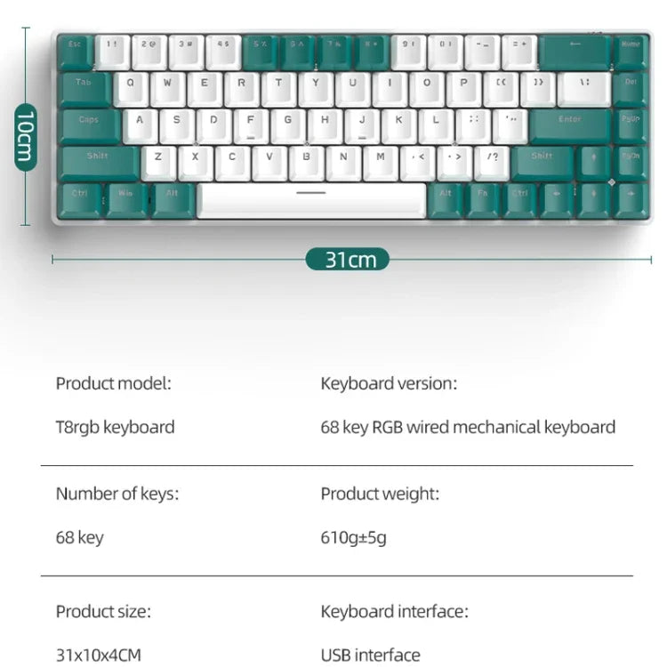 Bàn phím cơ chơi game RGB ZIYOU LANG T8 68 phím, Chiều dài cáp: 1,5m, Mẫu:, Phiên bản đèn vi mô T8 trục xanh lá