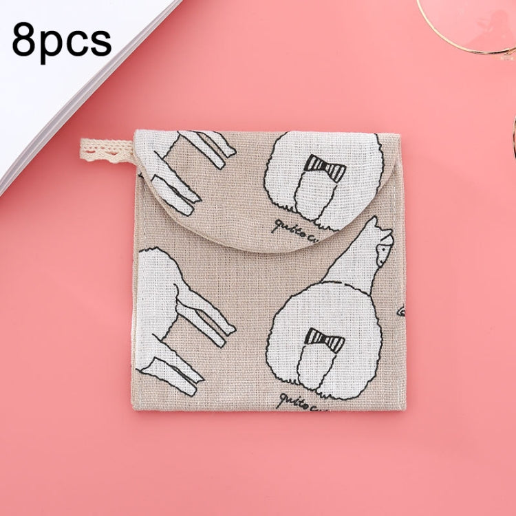 8 túi đựng băng vệ sinh bằng cotton và lanh, túi cầm tay tiện lợi, đen đáy trắng cây, xám lạc đà, mèo may mắn, lá, mèo xanh, rùa