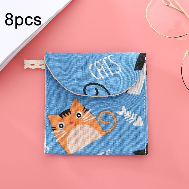8 túi đựng băng vệ sinh bằng cotton và lanh, túi cầm tay tiện lợi, đen đáy trắng cây, xám lạc đà, mèo may mắn, lá, mèo xanh, rùa