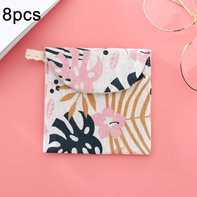 8 túi đựng băng vệ sinh bằng cotton và lanh, túi cầm tay tiện lợi, đen đáy trắng cây, xám lạc đà, mèo may mắn, lá, mèo xanh, rùa