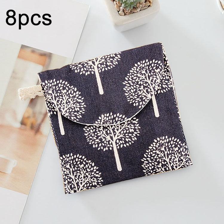 8 túi đựng băng vệ sinh bằng cotton và lanh, túi cầm tay tiện lợi, đen đáy trắng cây, xám lạc đà, mèo may mắn, lá, mèo xanh, rùa