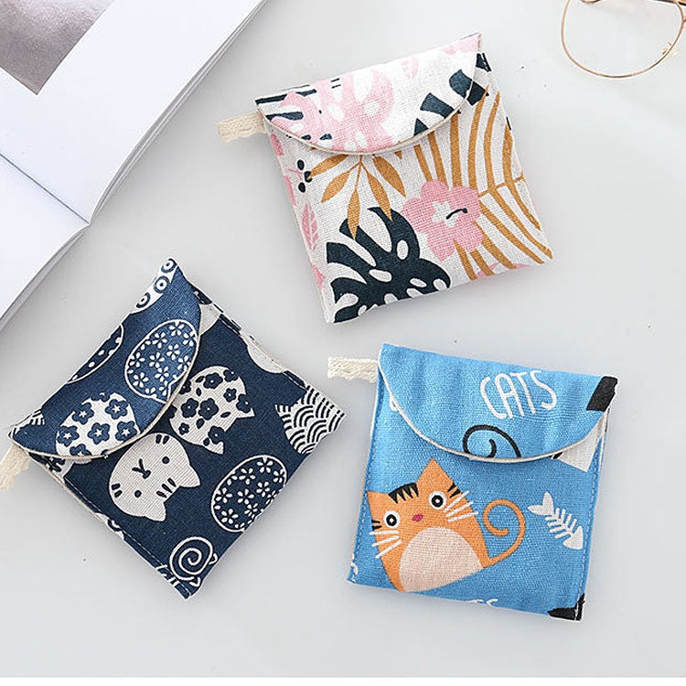 8 túi đựng băng vệ sinh bằng cotton và lanh, túi cầm tay tiện lợi, đen đáy trắng cây, xám lạc đà, mèo may mắn, lá, mèo xanh, rùa