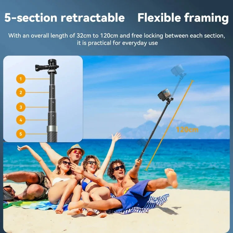Gậy tự sướng monopod sợi carbon 1,2m TELESIN với vít 1/4 cho camera hành động, dài 1,2m