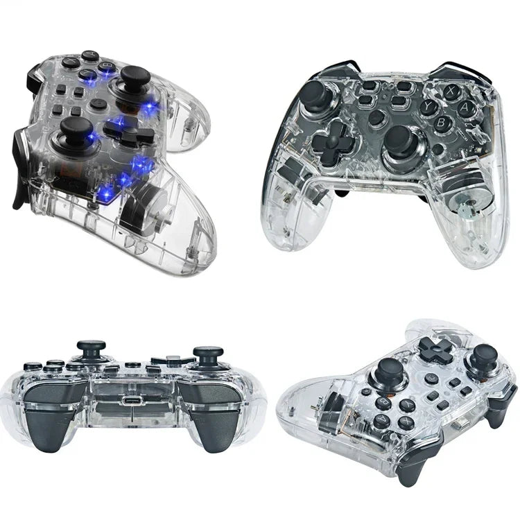 Tay cầm chơi game Bluetooth không dây Switch Pro với chức năng đèn LED báo thức, trong suốt có đèn LED