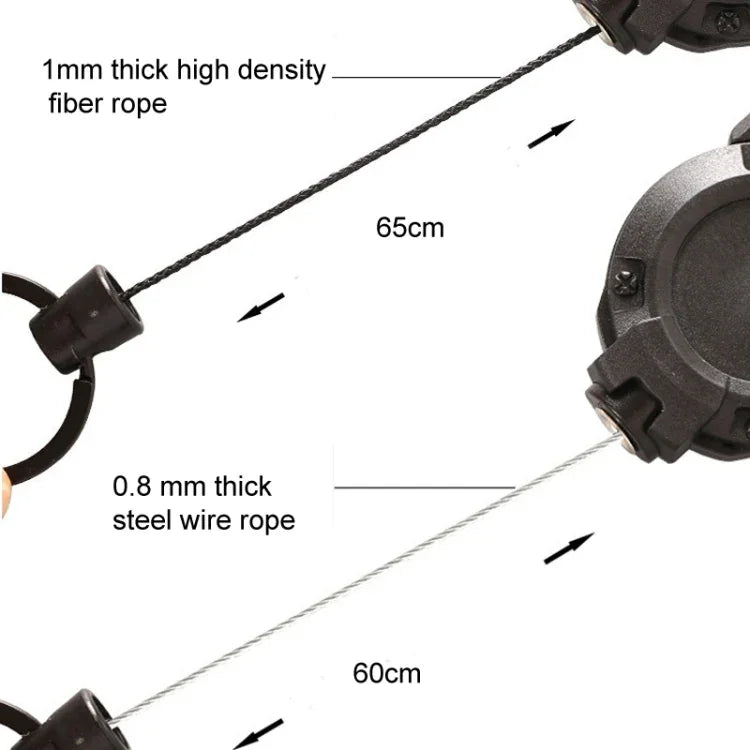 Móc khóa ba lô nhựa cuộn thẻ kéo co, dây thép đen, dây sợi đen, dây sợi trắng