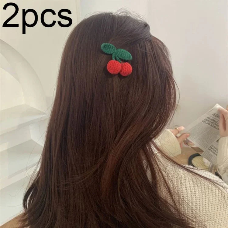 B316 2 chiếc kẹp tóc len dễ thương thủ công đa năng, Màu be, Cherry